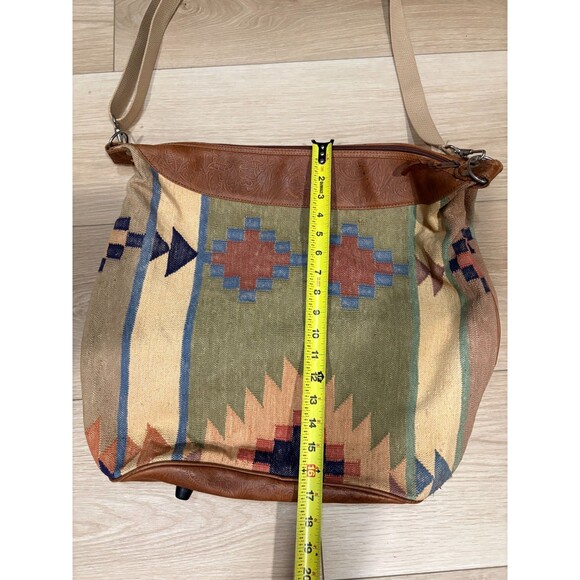 vintage Large Boho Tote Bag Crossbody Strap Aztec Weave Brown Leather Trim - Picture 2 of 7